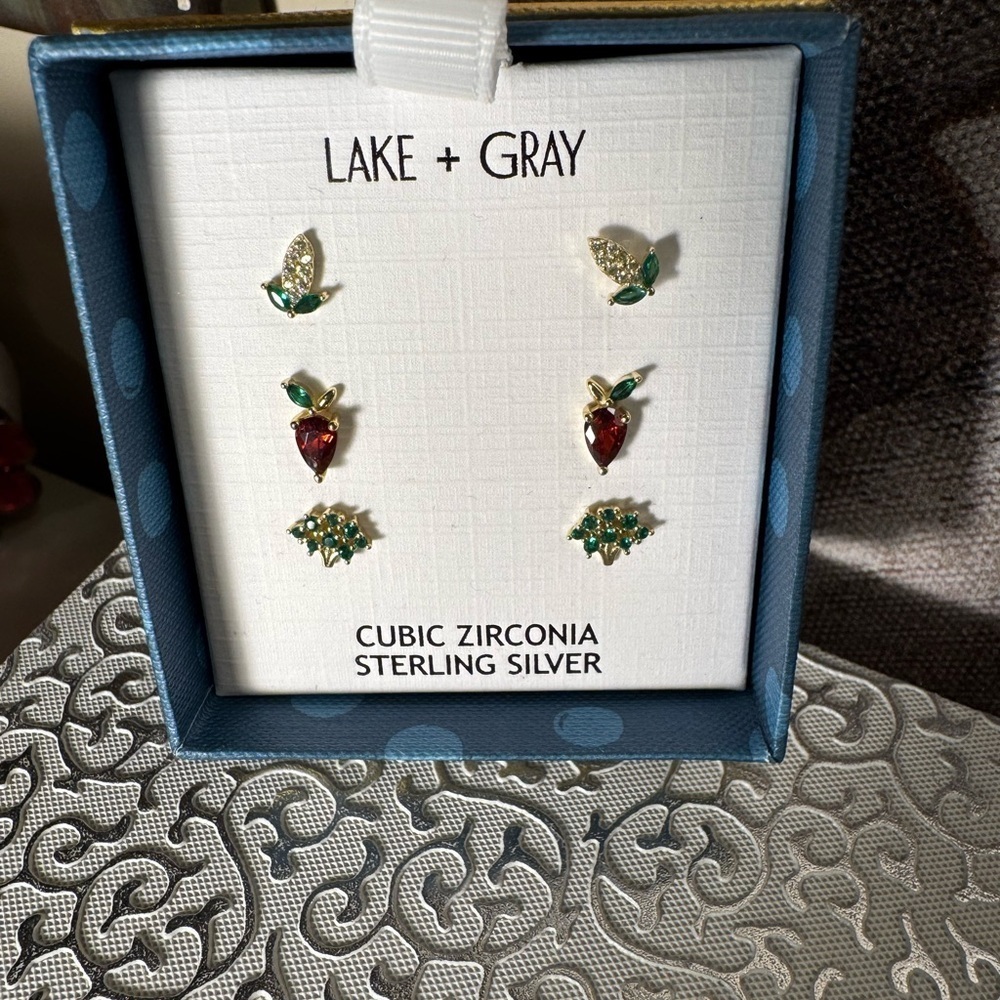 Lake + Gray Petite Earrings Set - Red, Clear and Green Stones, NWT
